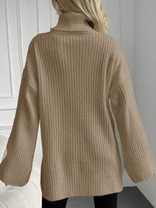 EURMUSE High Neck Drop Shoulder Slit Hem Sweater - Camel - View 2
