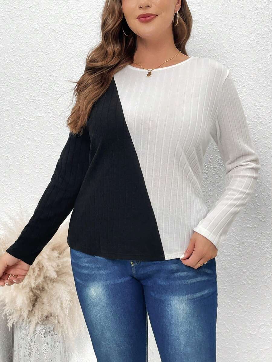 SHEIN LUNE 女士大尺碼拼色t恤 - 黑與白 - 查看 1