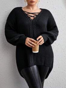 SHEIN LUNE Plus Size Women's Solid Color Pullover Sweater - Black - View 1