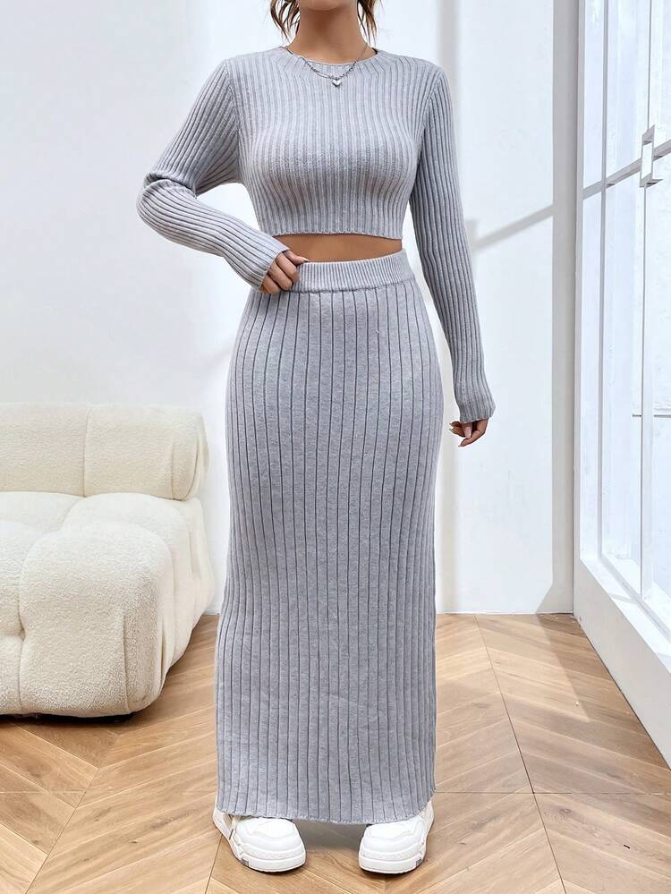 Solid Crop Sweater & Split Side Knit Skirt