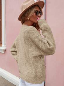 SHEIN LUNE Cổ v Thả vai Áo len - Màu Khaki - Xem 2