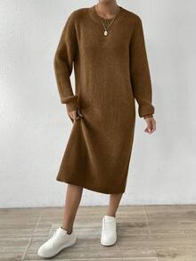 SHEIN Essnce 圓領落肩袖毛衣連身裙 - 咖啡棕 - 查看 4