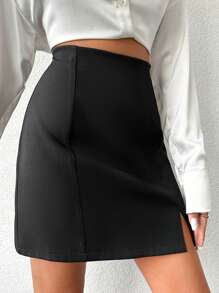 EURMUSE Women's Solid Color High Slit Skirt - Black - View 4