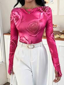 SHEIN Privé 印花船領T恤帶拇指孔 - 彩色 - 查看 5