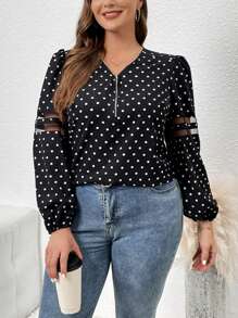 SHEIN LUNE Plus Size Polka Dot Puff Sleeve Shirt - Black and White - View 7