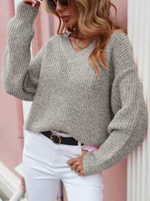 SHEIN LUNE V Neck Drop Shoulder Sweater - Grey - View 3