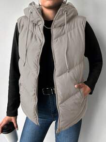 EURMUSE Solid Sleeveless Padded Jacket For Women With Hood And Drawstring - Apricot - View 1