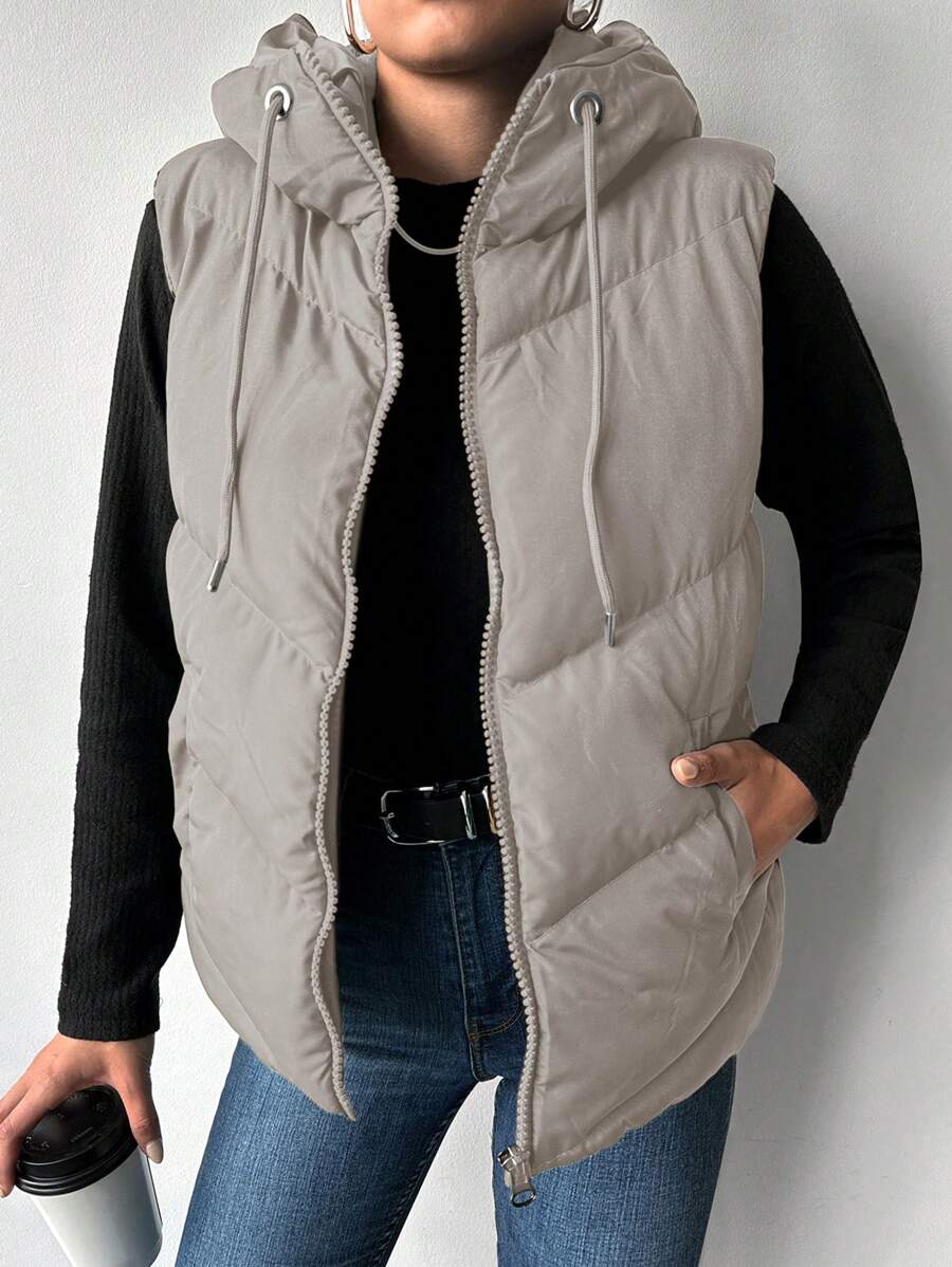 EURMUSE Solid Sleeveless Padded Jacket For Women With Hood And Drawstring - Apricot - View 1