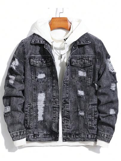 Manfinity Homme Men's Ripped Denim Jacket, Black Jacket For Rapper Going Out Hang Out Commute Work Street , Fall
