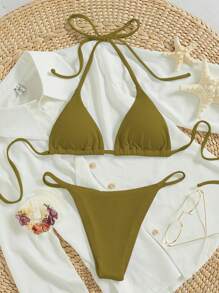 SHEIN Swim Conjunto de bikini de triángulo con tirantes Halter para playa en verano - Verde - Ver 1
