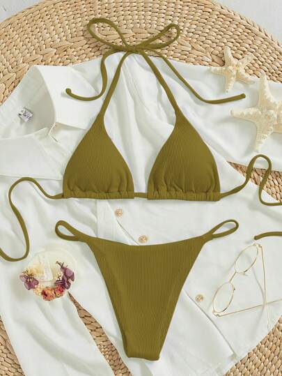 Summer Beach Halter Triangle Thong Bikini Set
