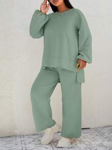 EURMUSE Plus Size Solid Color Asymmetrical Hem Top And Loose Pants 2pcs/Set - Mint Green - View 3