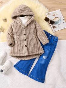 SHEIN Young Girls Warm Hooded Jacket Ripped And Flared Jeans Two-Piece Set - Khaki - View 1