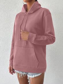 EURMUSE Women's Solid Color Drawstring Hoodie - Dusty Pink - View 3