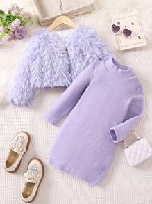 SHEIN Cô Gái Trẻ Nhung áo Và Màu thuần Đầm Hai chiếc Bộ - Màu tím - Xem 1