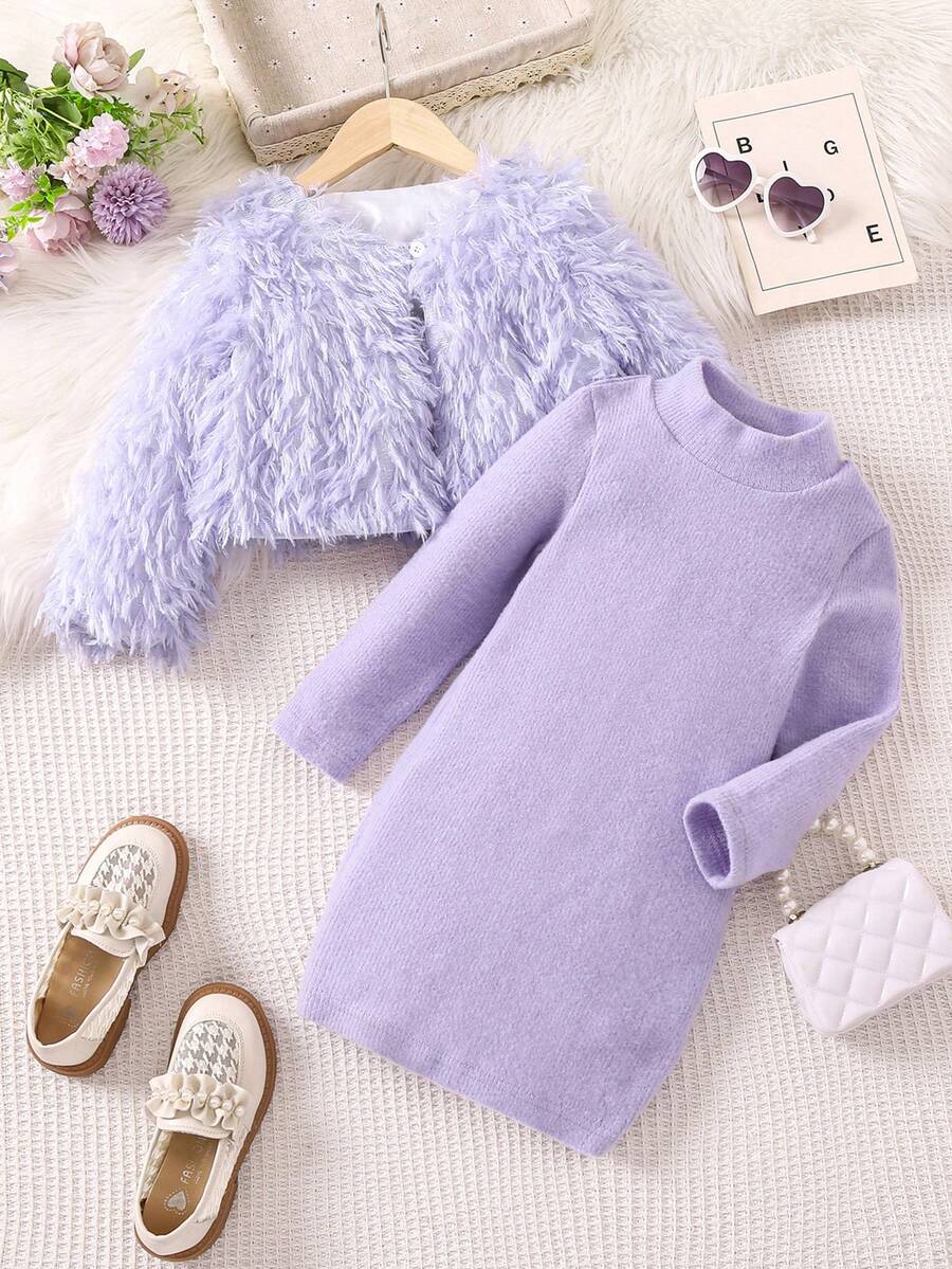 SHEIN Cô Gái Trẻ Nhung áo Và Màu thuần Đầm Hai chiếc Bộ - Màu tím - Xem 1