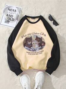 SHEIN Unity Cat Printed Raglan Sleeve Design Round Neck Fashion Sweatshirt - Multicolor - View 1