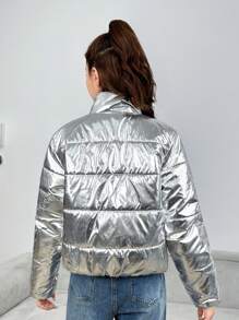 Teen Girls' Single-breasted Word Printed Overcoat With Button & Stitch Details For Warmth - Silver - View 2