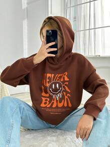 EURMUSE Cartoon And English Printed Drop Shoulder Hooded Sweatshirt - Coffee Brown - View 2
