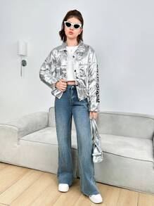 Teen Girls' Single-breasted Word Printed Overcoat With Button & Stitch Details For Warmth - Silver - View 3