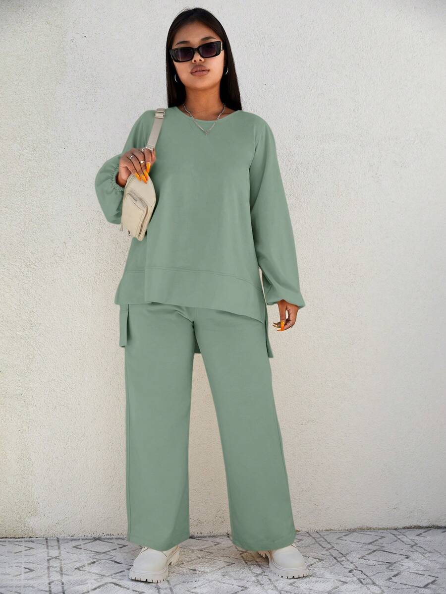 EURMUSE Plus Size Solid Color Asymmetrical Hem Top And Loose Pants 2pcs/Set - Mint Green - View 1