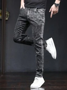 男士修身版型雪花圖案細身牛仔褲配腳踝拉鍊 - 灰色 - 查看 1