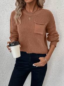 SHEIN LUNE Suéter de punto con caída de hombros de unicolor para mujer, para otoño e invierno - Café integral - Ver 1