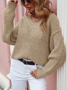 SHEIN LUNE Cổ v Thả vai Áo len - Màu Khaki - Xem 3