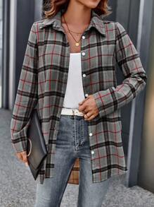 SHEIN LUNE 格紋前扣衬衫 - 灰色 - 查看 5