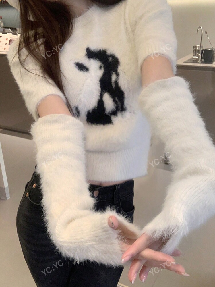 うさぎ柄ニットトップス レディース 襟付き 保温下着としても