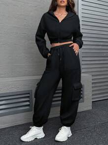 SHEIN Unity Của phụ nữ Dây kéo mặt trước Hoodie Và Eo dây rút Quần Cargo Bộ - màu đen - Xem 3