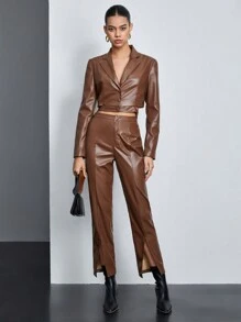 BizChic 女士單排釦開衩腿長褲套裝 - 咖啡棕 - 查看 6
