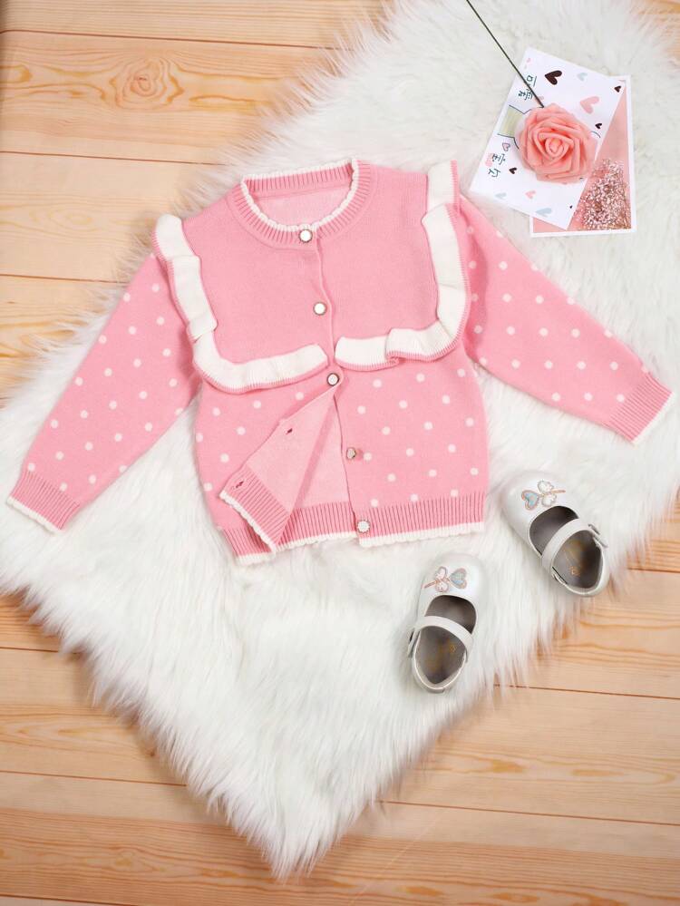 Baby Girls' Polka Dot Peter Pan Collar Cardigan With Ruffled Trim
