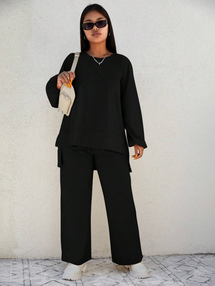 EURMUSE Plus Size Solid Color Asymmetrical Hem Top And Loose Pants 2pcs/Set - Black - View 1
