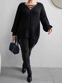 SHEIN LUNE Plus Size Women's Solid Color Pullover Sweater - Black - View 6