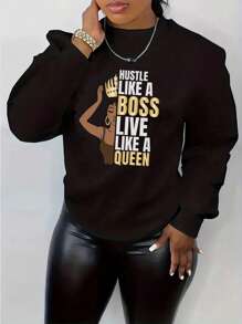 INAWLY Slogan & Figure Graphic Pullover - Black - View 1