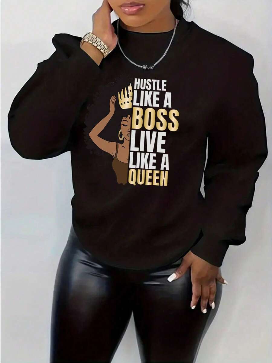 INAWLY Slogan & Figure Graphic Pullover - Black - View 1