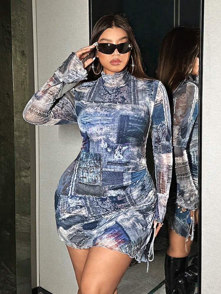 Plus Size High Neck Patchwork Pattern Dress