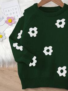 SHEIN 女小童花卉圖案插肩袖套頭毛衣 - 墨綠色 - 查看 4