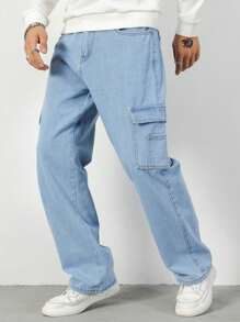 Manfinity Hypemode Men Cotton Embroidery Flap Pockets Cargo Jeans, Baggy Cargo Jeans, Cargo Jeans, Blue Baggy Jeans, Men Cargo Jeans - Light Wash - View 6