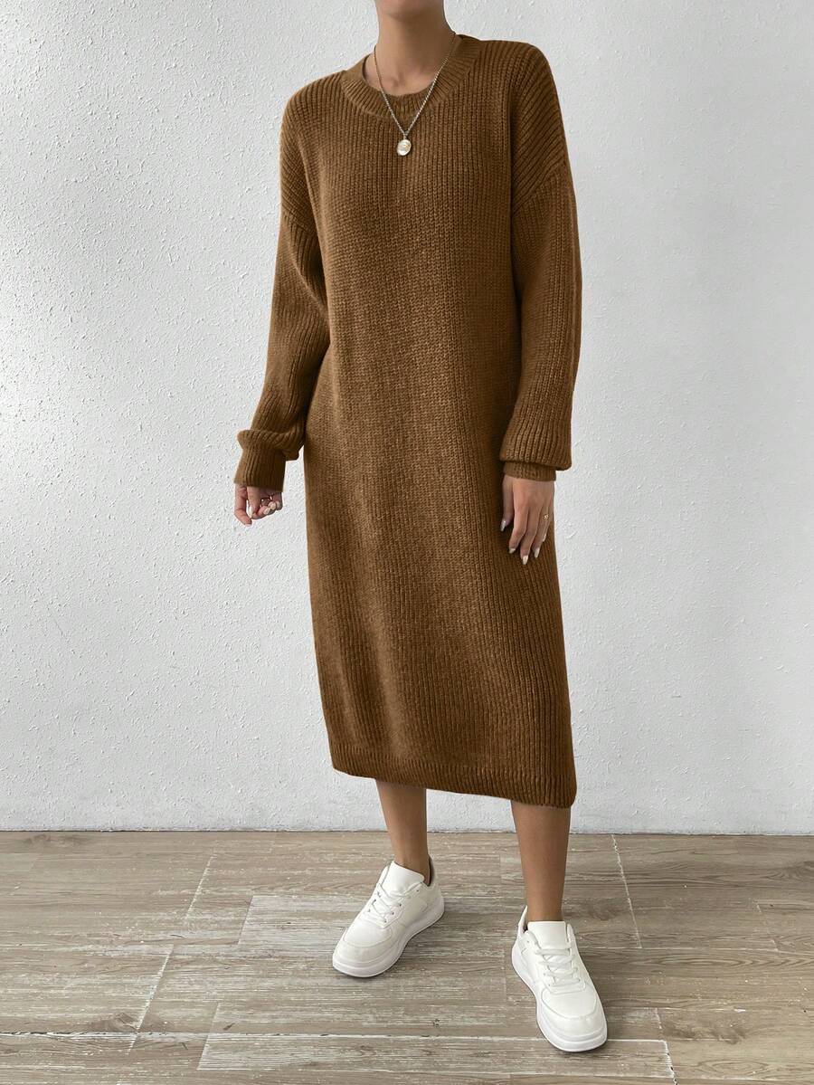 SHEIN Essnce 圓領落肩袖毛衣連身裙 - 咖啡棕 - 查看 1