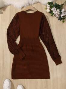 SHEIN Clasi Contrast Lace Sleeve Sweater Dress - Coffee Brown - View 2