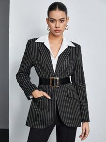 BizChic 女用條紋西裝外套（無腰帶） - 深灰色 - 查看 6
