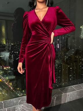 EMERY ROSE Velvet Cross Wrap Dress Burgundy Maxi Women Outfit Fall Cloth For Women