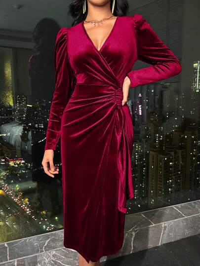 EMERY ROSE Sukienka maxi z aksamitnego krzyża w kolorze bordowym, damska