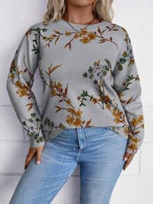 SHEIN LUNE 大碼花卉圖案落肩袖套頭毛衣 - 灰色 - 查看 1