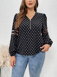 SHEIN LUNE Plus Size Polka Dot Puff Sleeve Shirt - Black and White - View 1