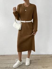 SHEIN Essnce 圓領落肩袖毛衣連身裙 - 咖啡棕 - 查看 3