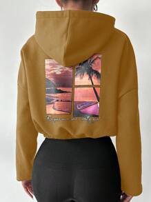 EURMUSE Women's Hooded Fleece Sweatshirt With Slogan Print - Coffee Brown - View 2