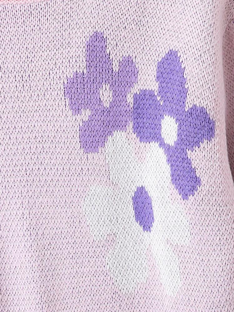 Teen Girl Floral Pattern Drop Shoulder Sweater